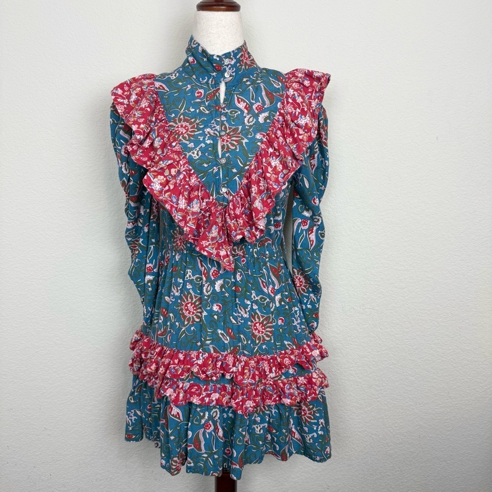 Place Nationale Floral Boho Ruffle High Neck Mini Dress - Picture 2 of 15